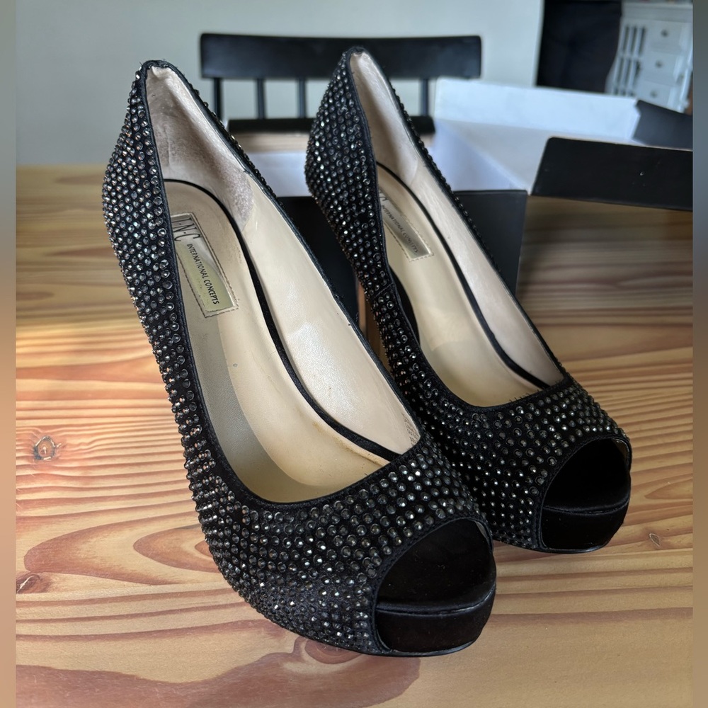 INC International Concepts Black Studded Peep-Toe Heels